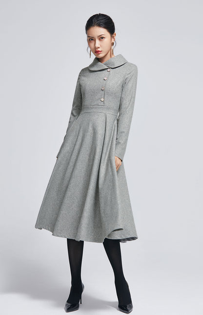 Handmade Wool Blend Dress – Elegant Light Gray A-Line Midi Winter Outfit 2267