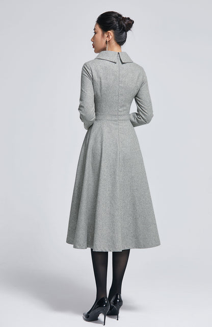 Handmade Wool Blend Dress – Elegant Light Gray A-Line Midi Winter Outfit 2267