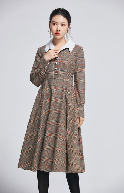 long sleeve flared wool dress 2271#