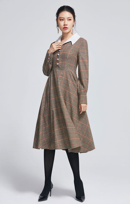 long sleeve flared wool dress 2271#