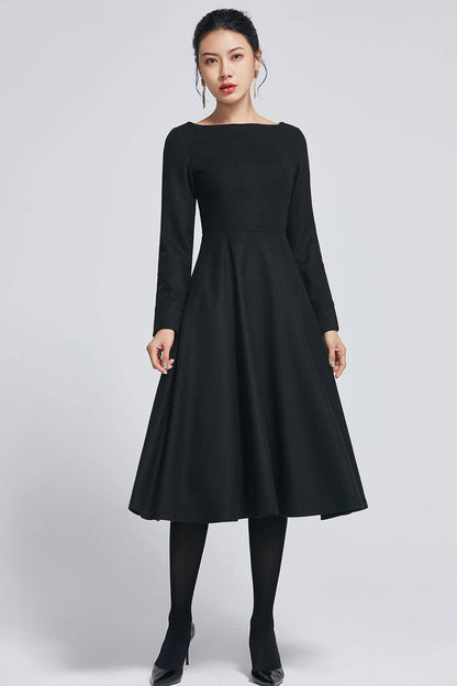 little black wool winter dress for women 2274