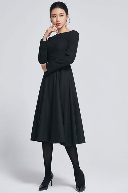 Black Wool Midi Dress - Boat Neckline and Side Pockets 2274