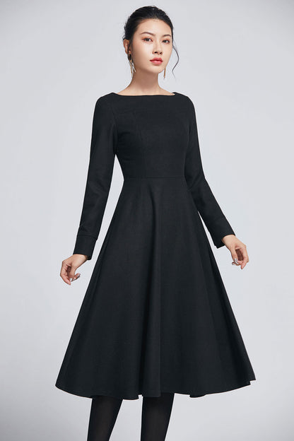 Black Wool Midi Dress - Boat Neckline and Side Pockets 2274