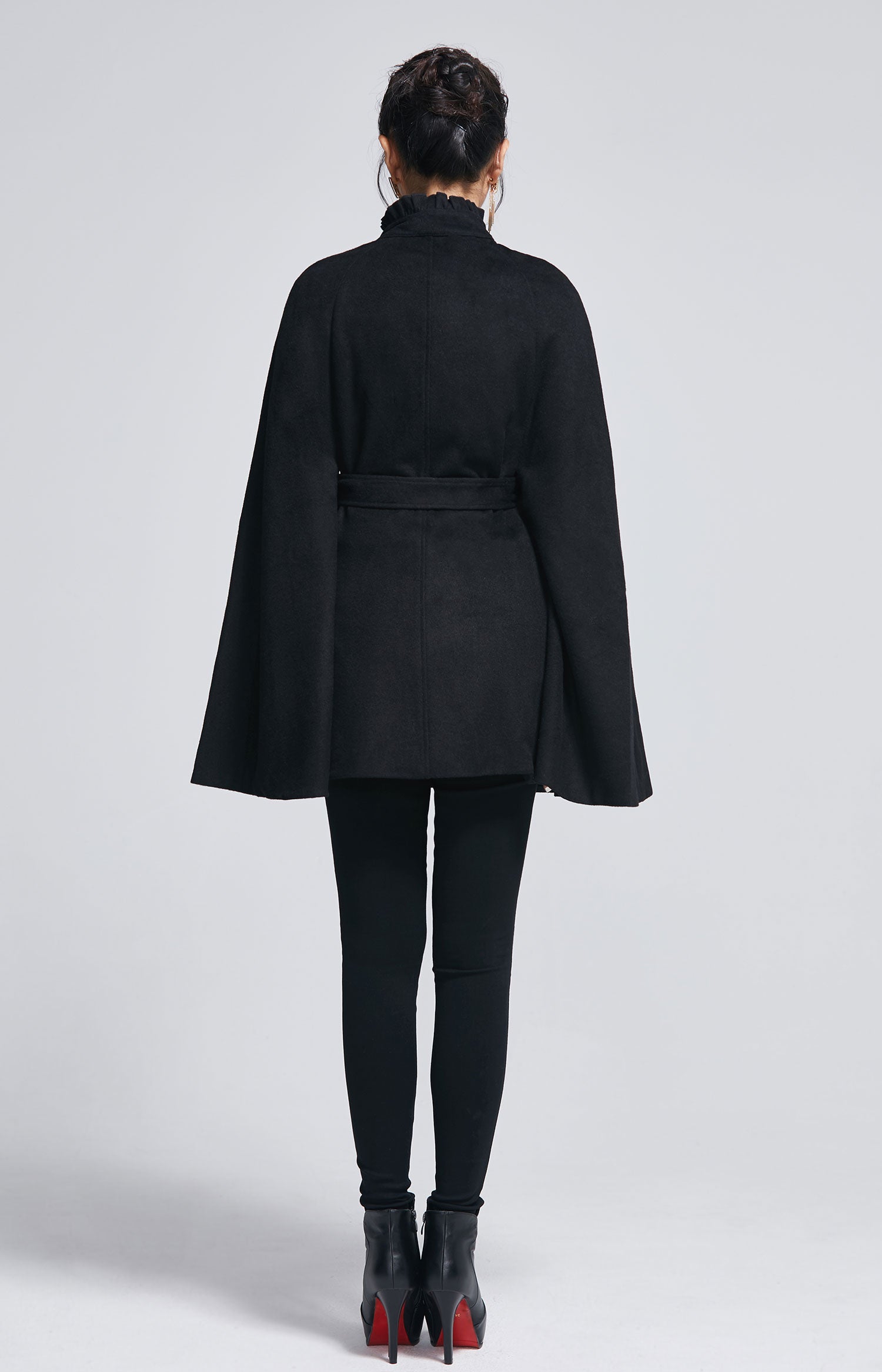 Black wool cape coat with self tie belt 2278