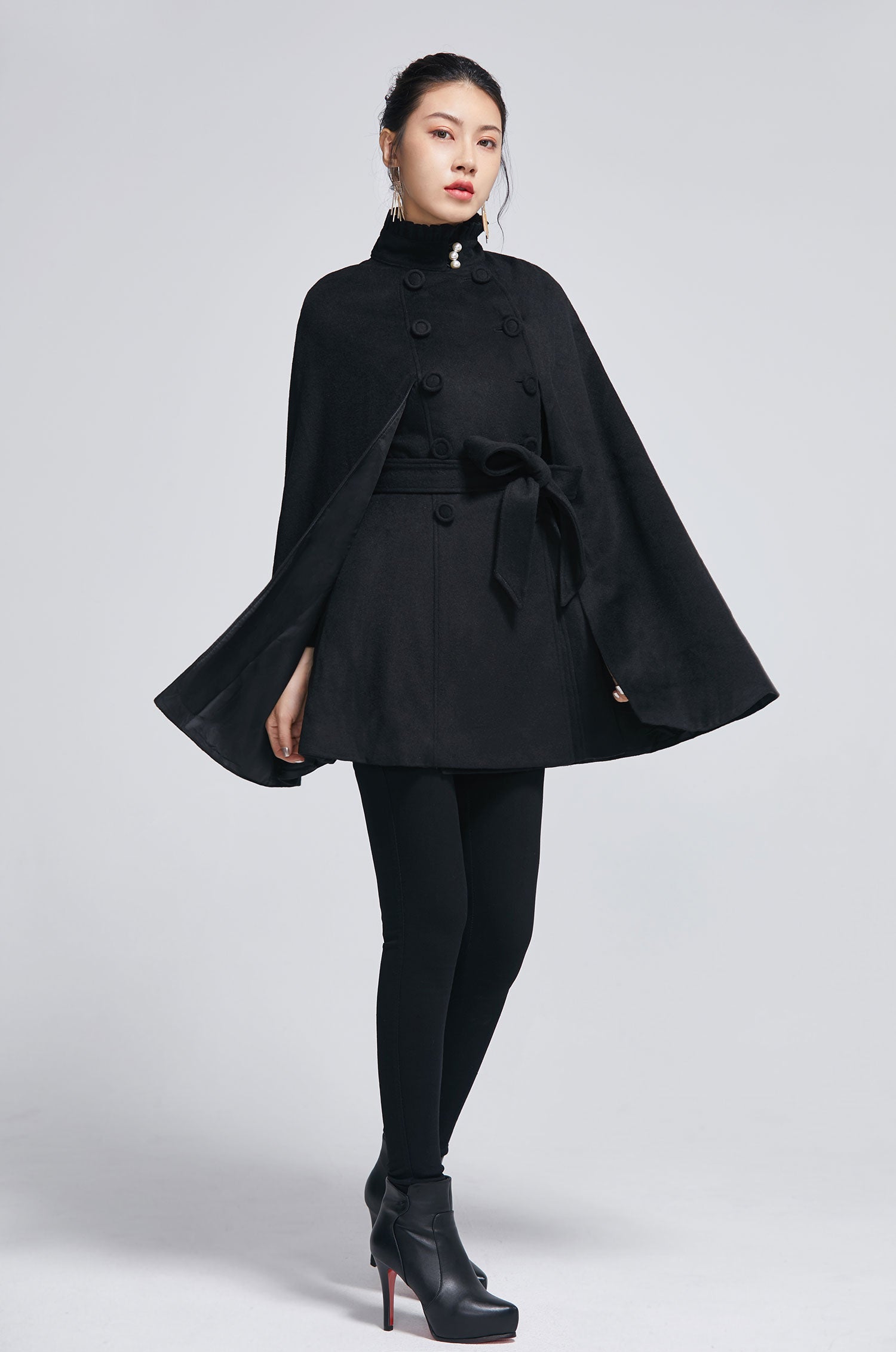 Black wool cape coat with self tie belt 2278