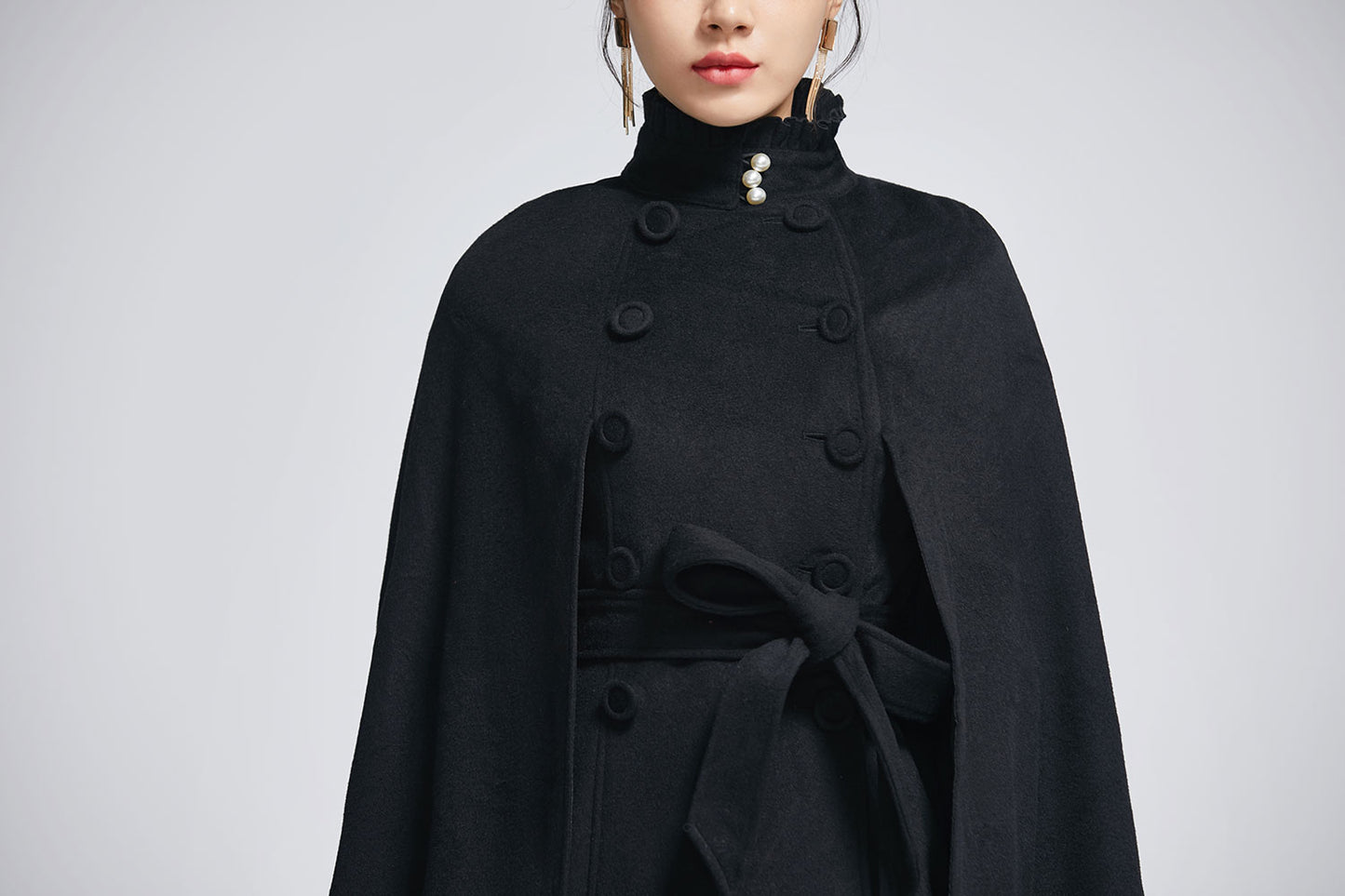 Black wool cape coat with self tie belt 2278