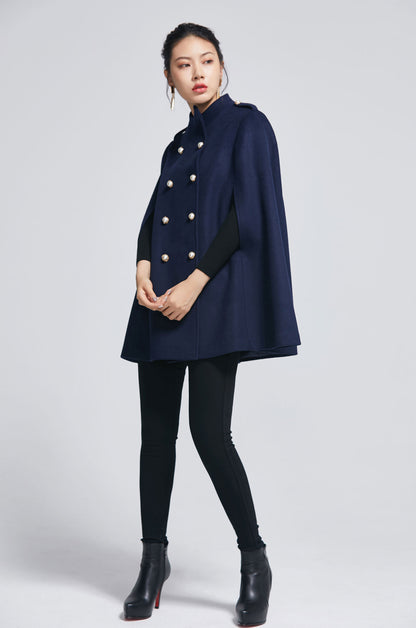 Xiaolizi Navy Wool Cape Coat for Women – Handmade Double-Breasted Winter Cape with High Collar 2279