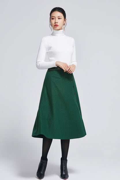 Dark Green Wool Blend Midi Skirt – Elegant Buttoned A-Line Skirt | Xiaolizi 2284