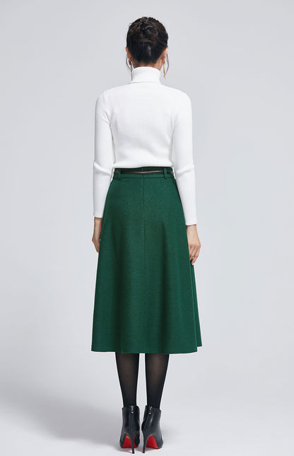 Dark Green Wool Blend Midi Skirt – Elegant Buttoned A-Line Skirt | Xiaolizi 2284