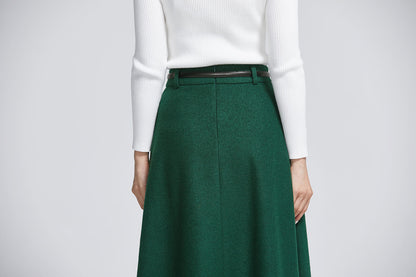 Dark Green Wool Blend Midi Skirt – Elegant Buttoned A-Line Skirt | Xiaolizi 2284