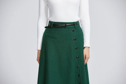 Dark Green Wool Blend Midi Skirt – Elegant Buttoned A-Line Skirt | Xiaolizi 2284