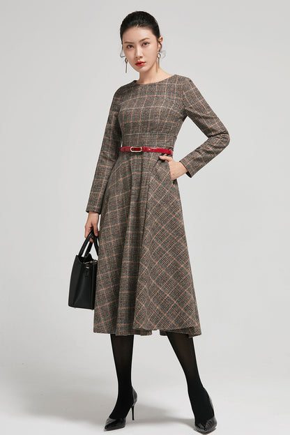 Handmade Brown Plaid Wool Midi Dress – Long Sleeve Fit and Flare | Xiaolizi 5407