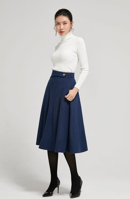 Navy Wool A-Line Midi Skirt - High Waist Elegant Silhouette 2301