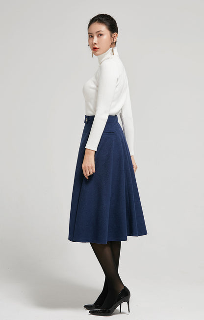 Navy Wool A-Line Midi Skirt - High Waist Elegant Silhouette 2301