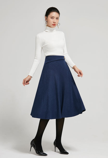 Navy Wool A-Line Midi Skirt - High Waist Elegant Silhouette 2301