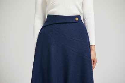 Navy Wool A-Line Midi Skirt - High Waist Elegant Silhouette 2301