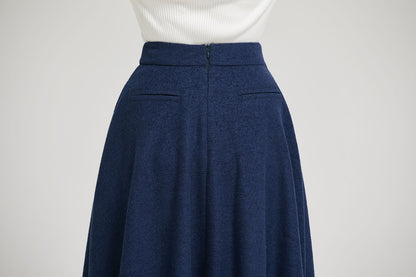 Navy Wool A-Line Midi Skirt - High Waist Elegant Silhouette 2301