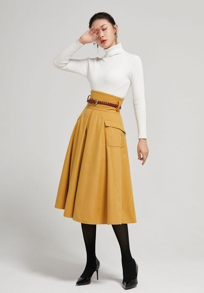 Mustard Wool A-Line Midi Skirt, High-Waisted Pleat 2302