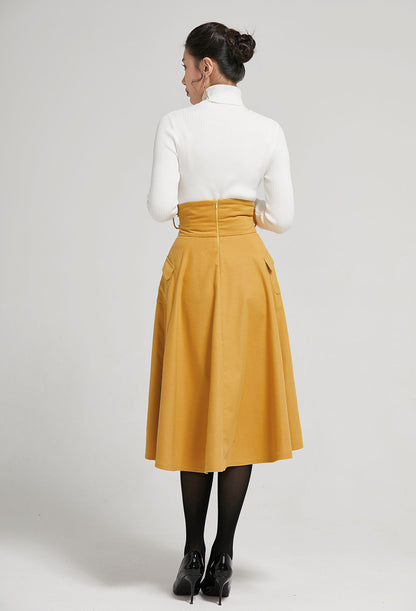 Mustard Wool A-Line Midi Skirt, High-Waisted Pleat 2302