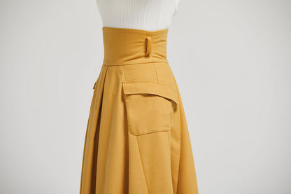 Mustard Wool A-Line Midi Skirt, High-Waisted Pleat 2302
