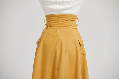 Mustard Wool A-Line Midi Skirt, High-Waisted Pleat 2302