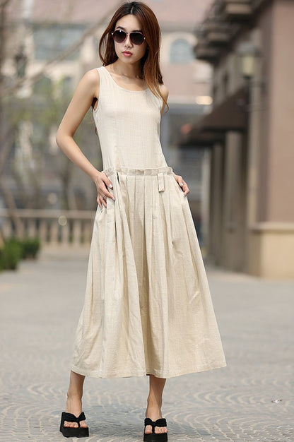 Beige Linen-Cotton Sleeveless Maxi Dress - Pleated Drop Waist 931