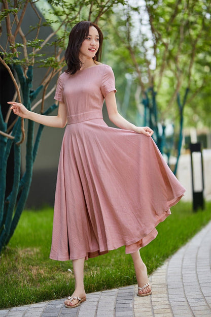 Pink Linen Fit and Flare Midi Dress - Boat Neck | Xiaolizi Pink Linen Fit and Flare Midi Dress - Boat Neck | Xiaolizi