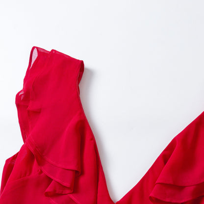 Red Chiffon Maxi Dress - V Neck with Ruffle Detail 2852