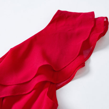 Red Chiffon Maxi Dress - V Neck with Ruffle Detail 2852