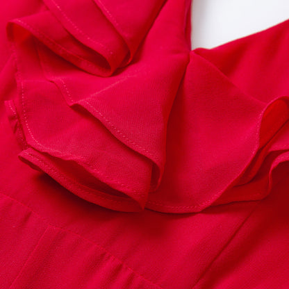 Red Chiffon Maxi Dress - V Neck with Ruffle Detail 2852