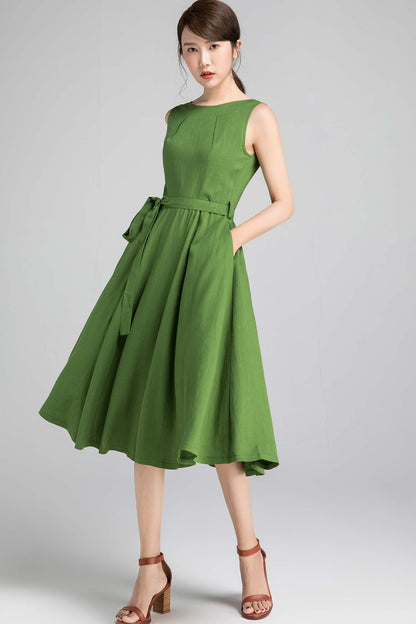 Green Linen Midi Dress - Sleeveless Fit and Flare with Pleated Neckline 2346