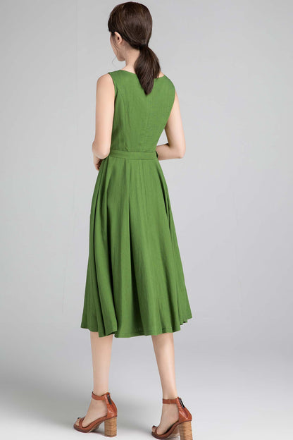 Green Linen Midi Dress - Sleeveless Fit and Flare with Pleated Neckline 2346