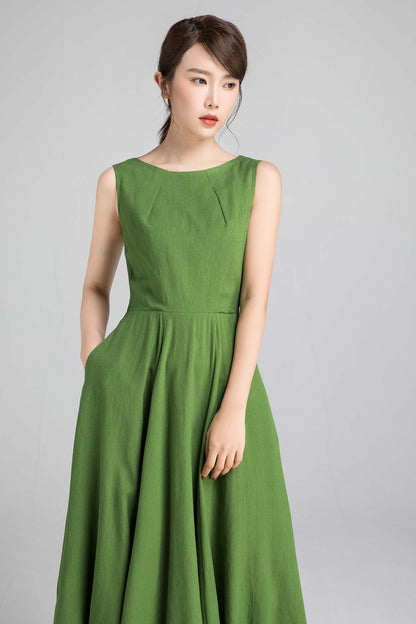 Green Linen Midi Dress - Sleeveless Fit and Flare with Pleated Neckline 2346