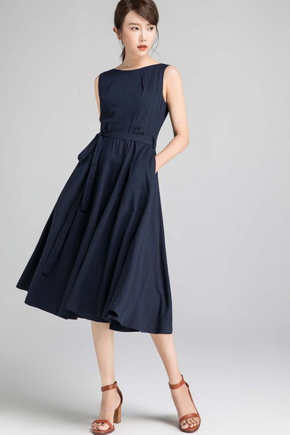 Navy Linen Midi Dress - Fit and Flare Silhouette with Pleated Neckline 1401