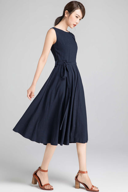 Navy Linen Midi Dress - Fit and Flare Silhouette with Pleated Neckline 1401