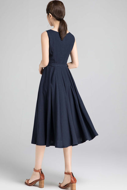 Navy Linen Midi Dress - Fit and Flare Silhouette with Pleated Neckline 1401