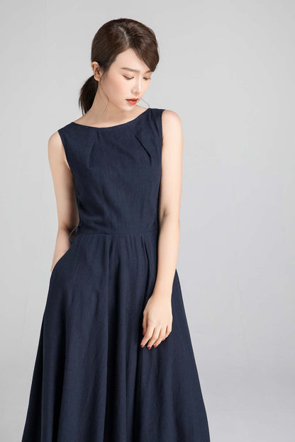 Navy Linen Midi Dress - Fit and Flare Silhouette with Pleated Neckline 1401