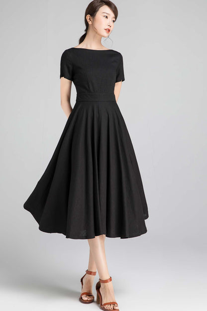 Black Linen Cotton Fit and Flare Midi Dress - Pockets | Xiaolizi 2343