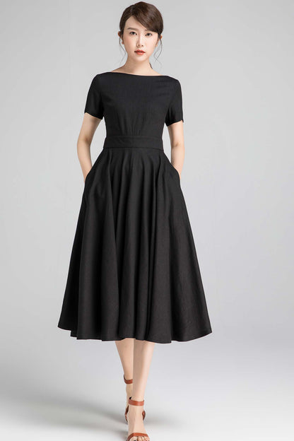 Black Linen Cotton Fit and Flare Midi Dress - Pockets | Xiaolizi 2343