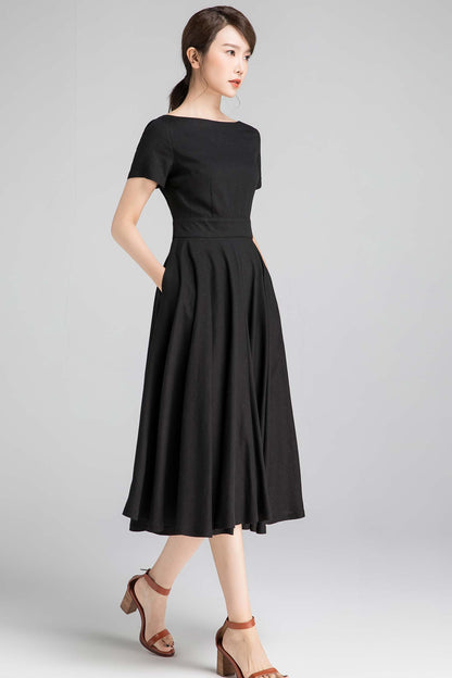 Black Linen Cotton Fit and Flare Midi Dress - Pockets | Xiaolizi 2343