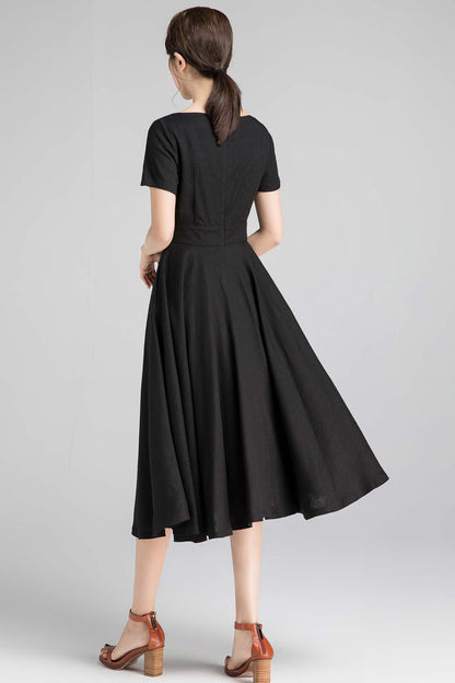 Black Linen Cotton Fit and Flare Midi Dress - Pockets | Xiaolizi 2343