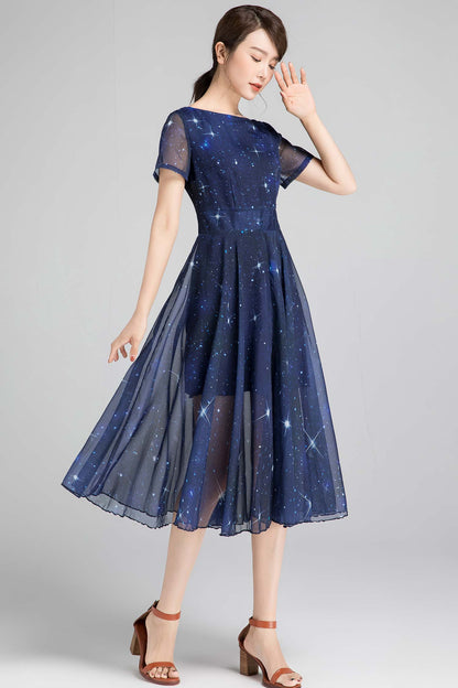 Navy Chiffon Midi Dress - Star Print Fit and Flared Silhouette 2334