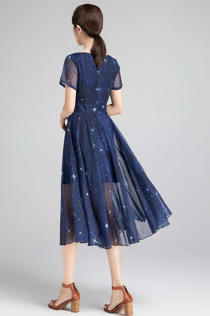 Navy Chiffon Midi Dress - Star Print Fit and Flared Silhouette 2334