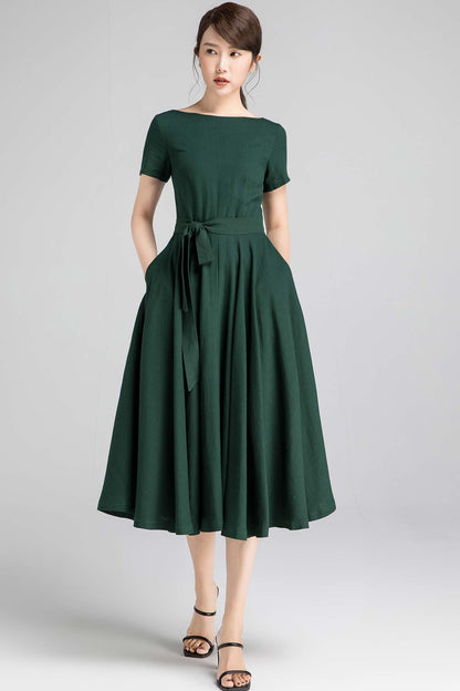 Emerald Green Fit and Flare Cotton Linen Dress with Boat Neck – Xiaolizi