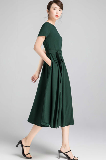 Emerald Green Cotton Linen Fit and Flare Dress - Boat Neck, Short Sleeve 2349