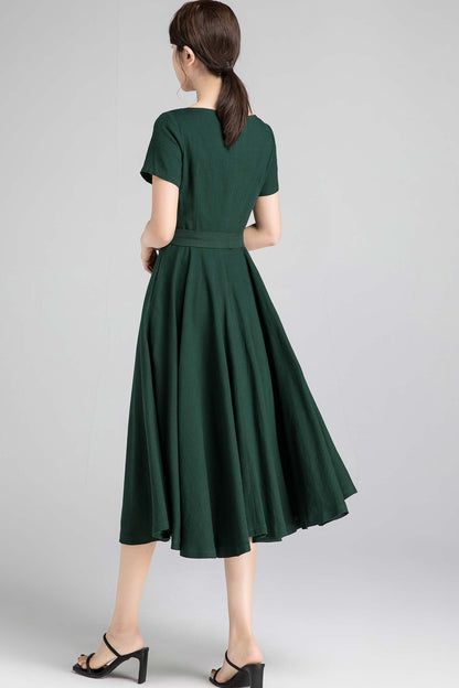 Emerald Green Cotton Linen Fit and Flare Dress - Boat Neck, Short Sleeve 2349