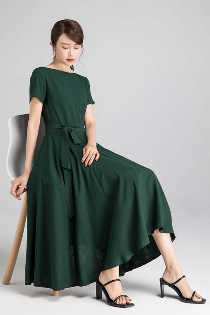 Emerald Green Cotton Linen Fit and Flare Dress - Boat Neck, Short Sleeve 2349