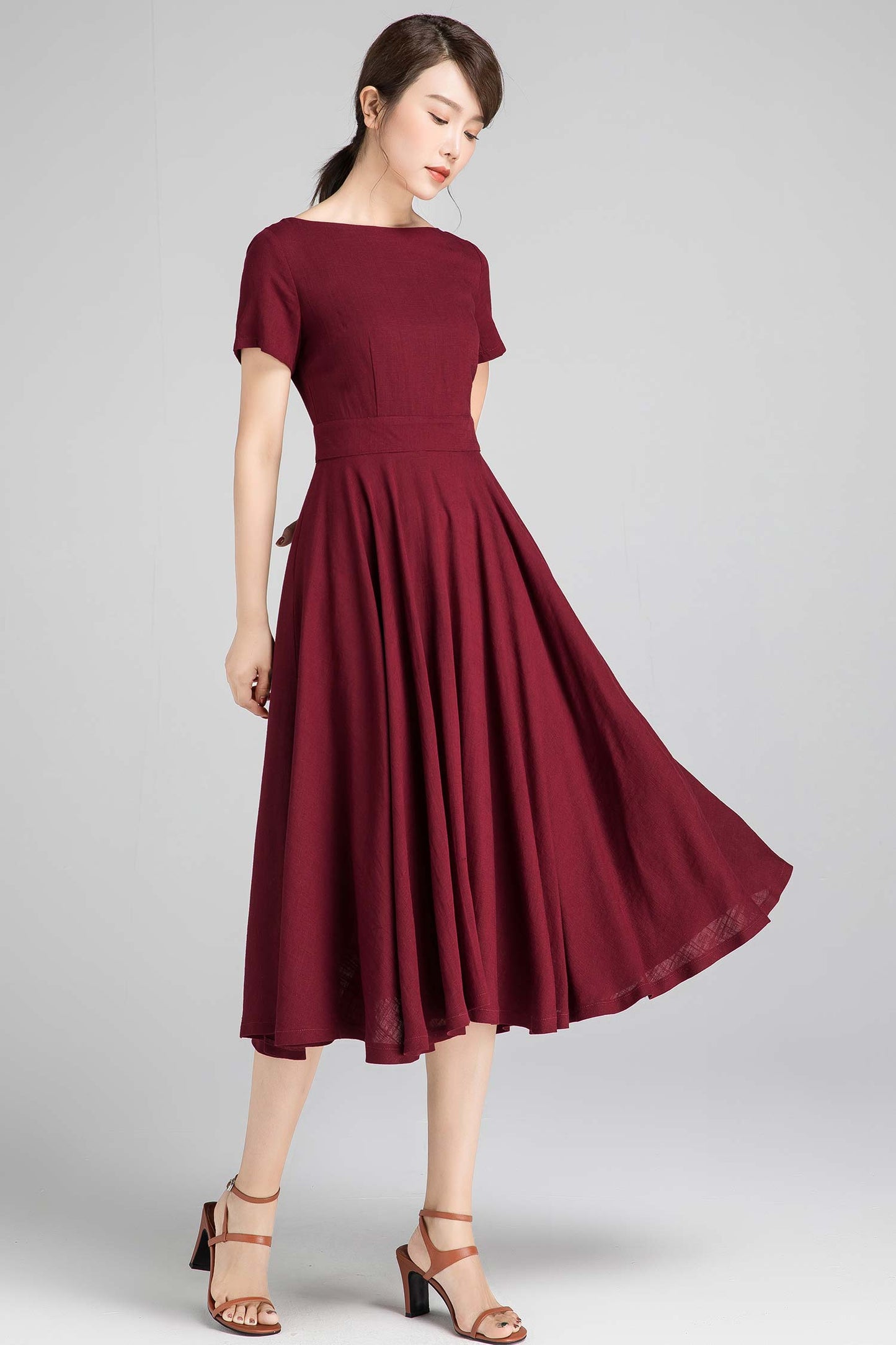 Swing fit and flare dress in burgundy 2336#