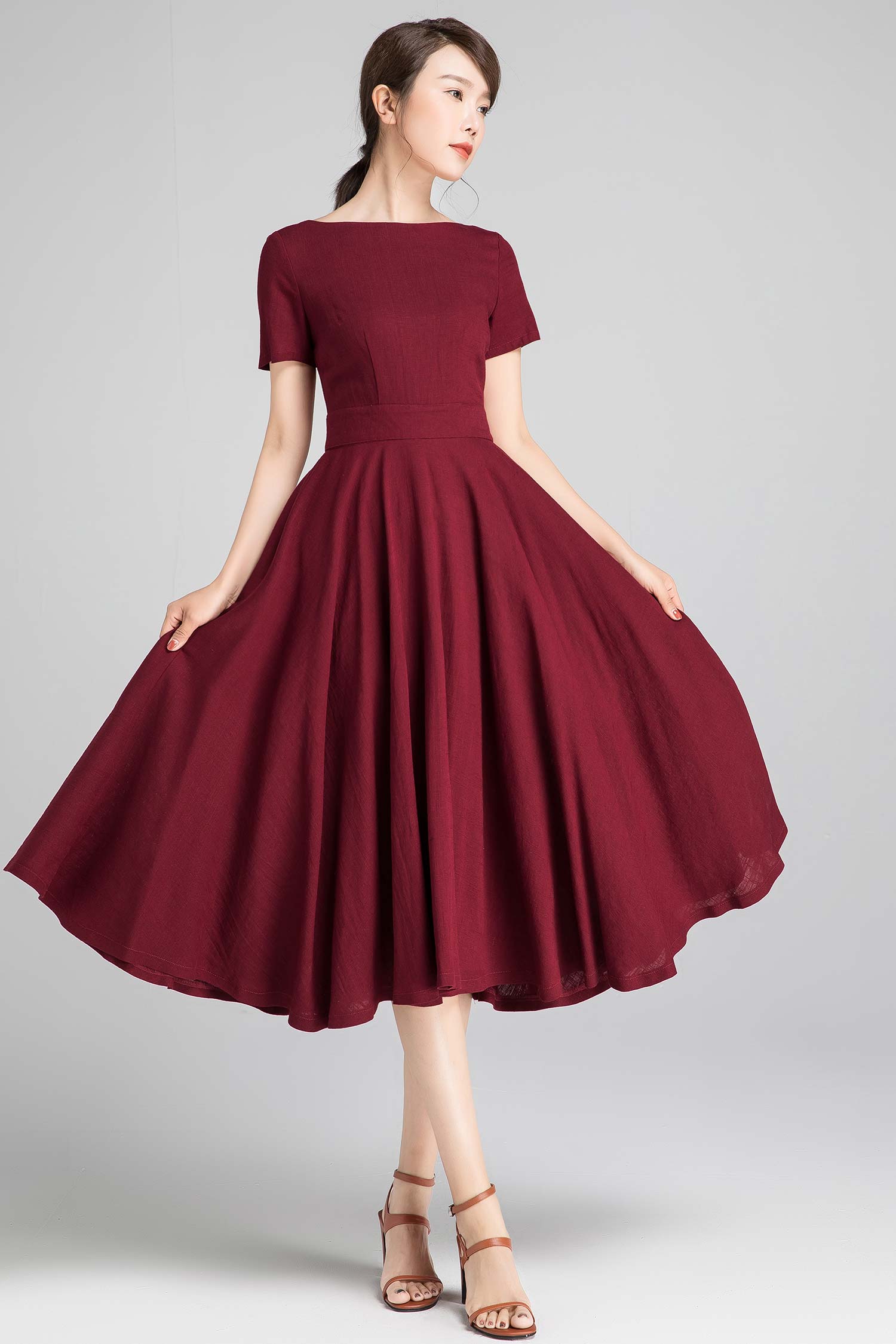 Swing fit and flare dress in burgundy 2336# – Xiaolizi