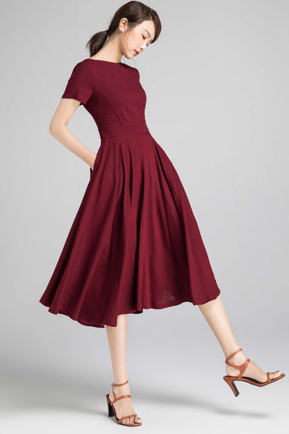 Swing fit and flare dress in burgundy 2336#